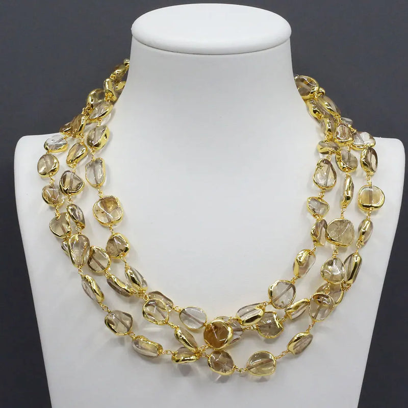 Gold Plated Natural Yellow Citrine Freeform Stone Necklace Earrings Bracelet Set for Women