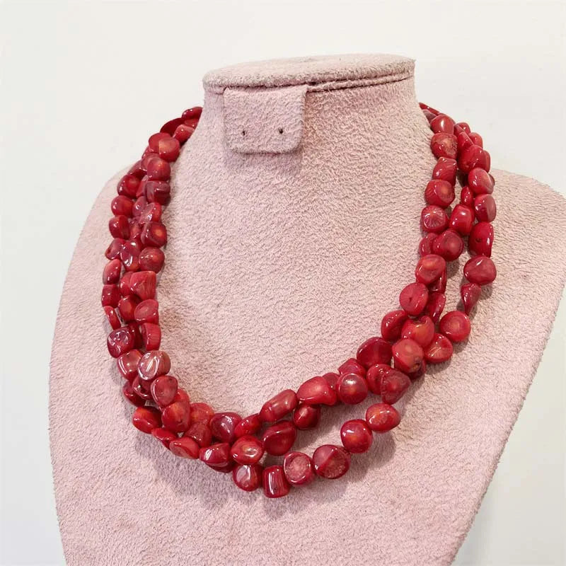 Gold Vermeil Red Coral Necklace with 3 Irregular Layers, Geometric Design for Women