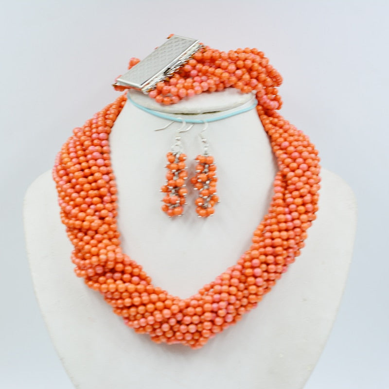 20 strand necklace/13 strand bracelet. 4MM natural orange coral necklace. Classic Bridal Wedding Jewelry Set