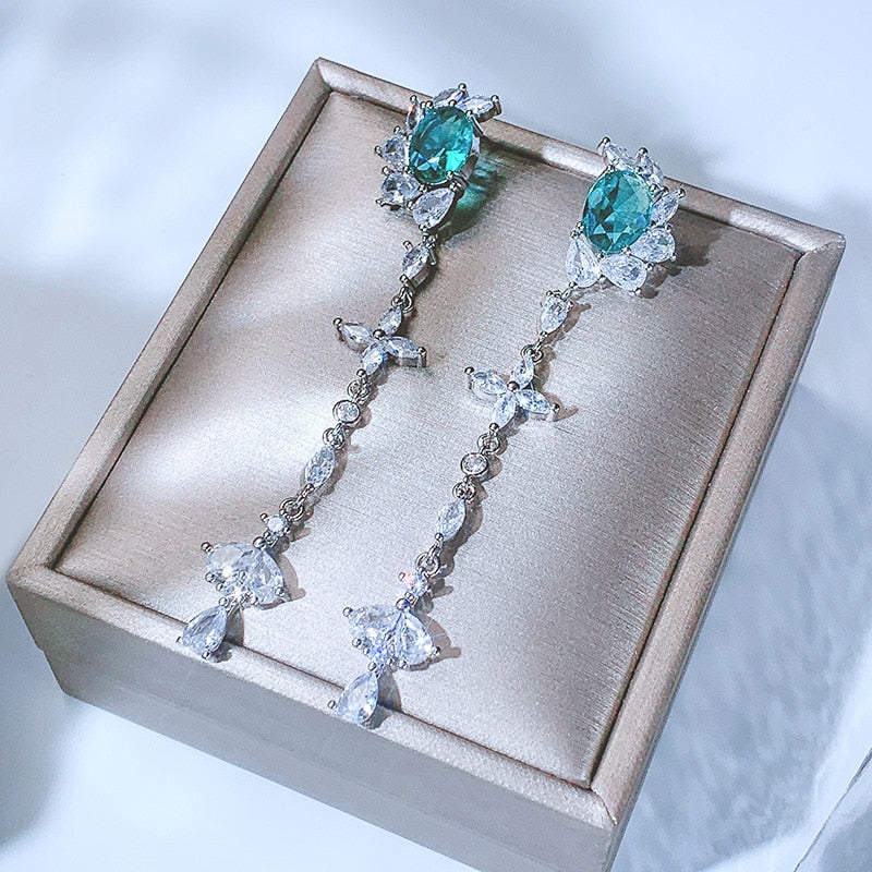 Silver Inlaid Zircon, Emerald Earrings for Ladies