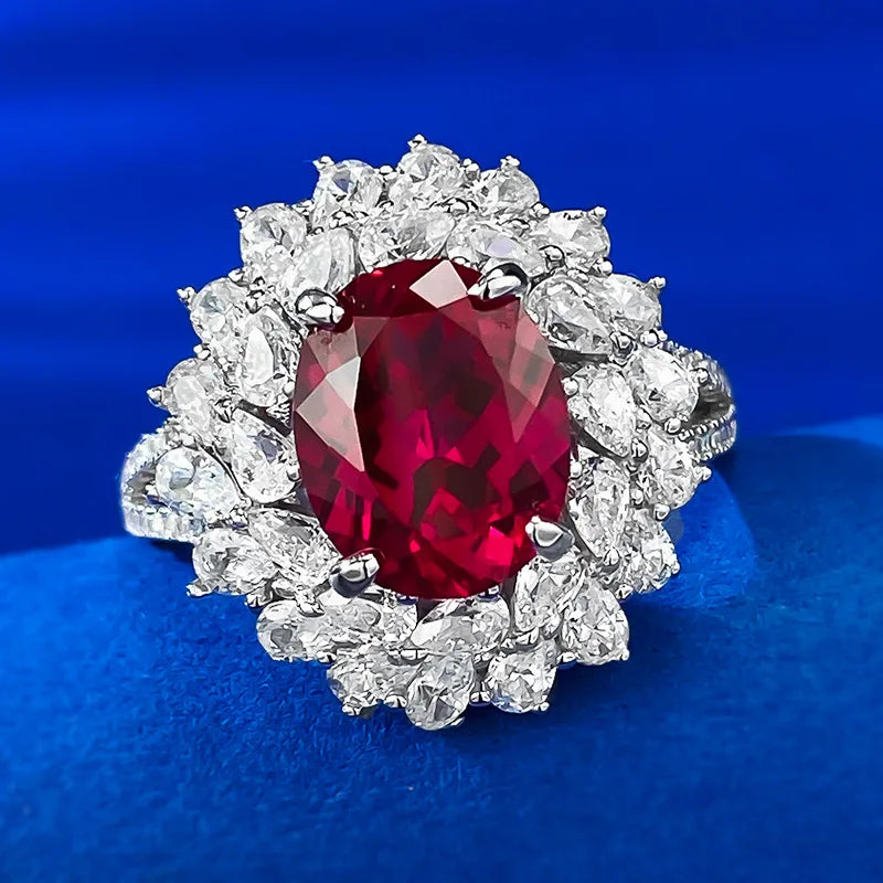 Sterling Silver Pigeon Blood Red Simulation Diamond Flower Cluster Ring for Women