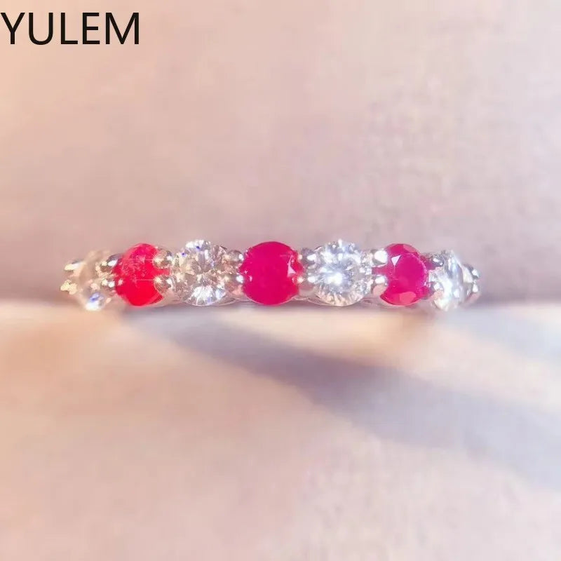 925 Silver Natural Myanmar Ruby with 3mm Moissanite Ring Adjustable Engagement Ring for Women