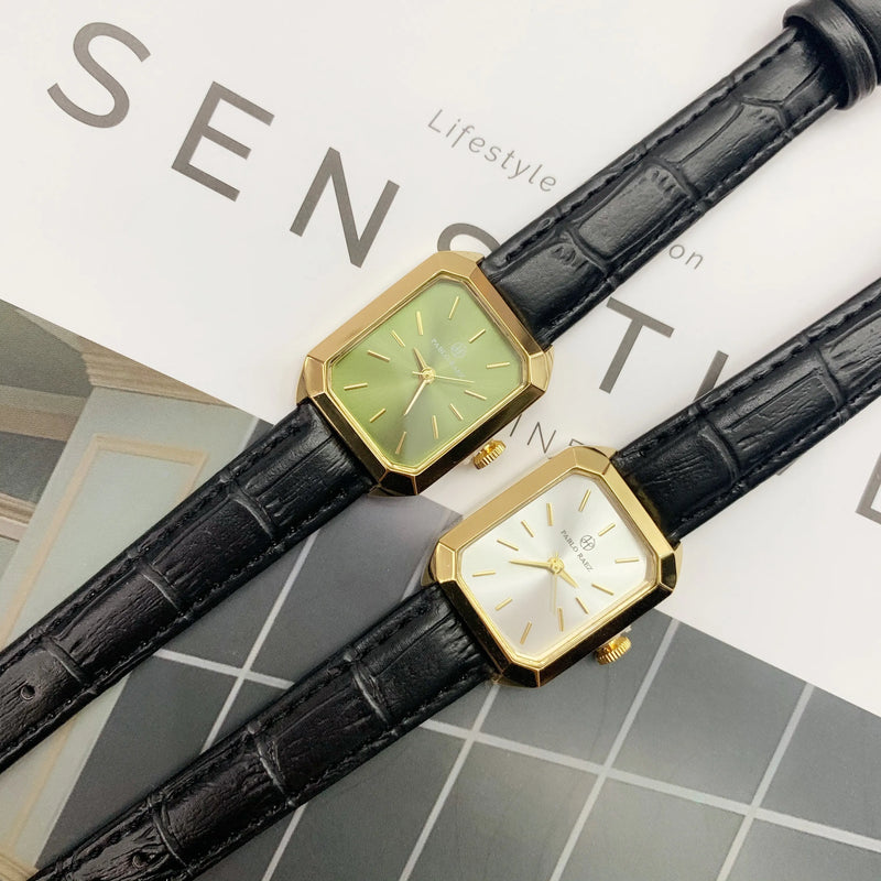 Luxury Women's Square Watch with Black Leather Strap and Small Dial