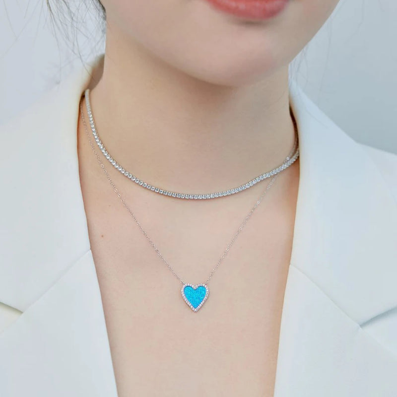 Sterling Silver Blue Opal Heart Necklace for Women