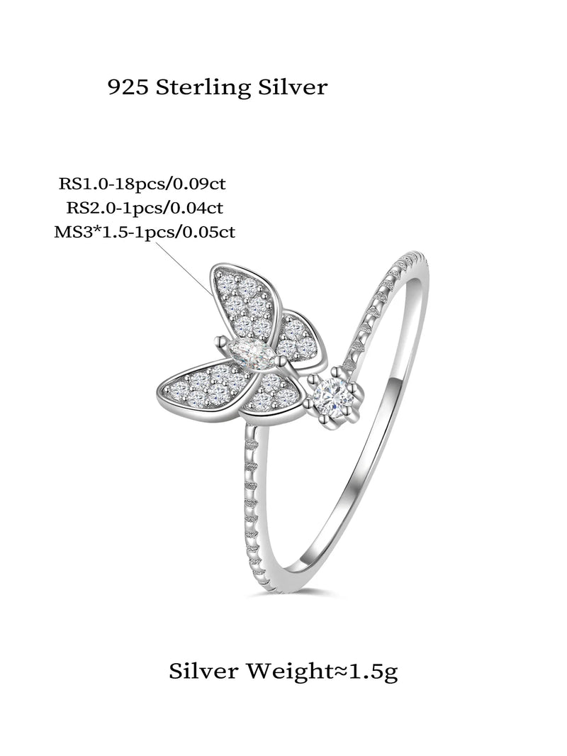 Sterling Silver Butterfly Moissanite Ring for Woman