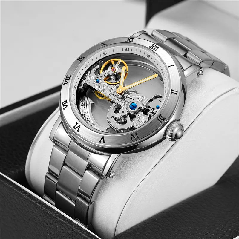 Stainless Steel Leather Transparent Skeleton Mechanical Watch with Luminous Hands for Men