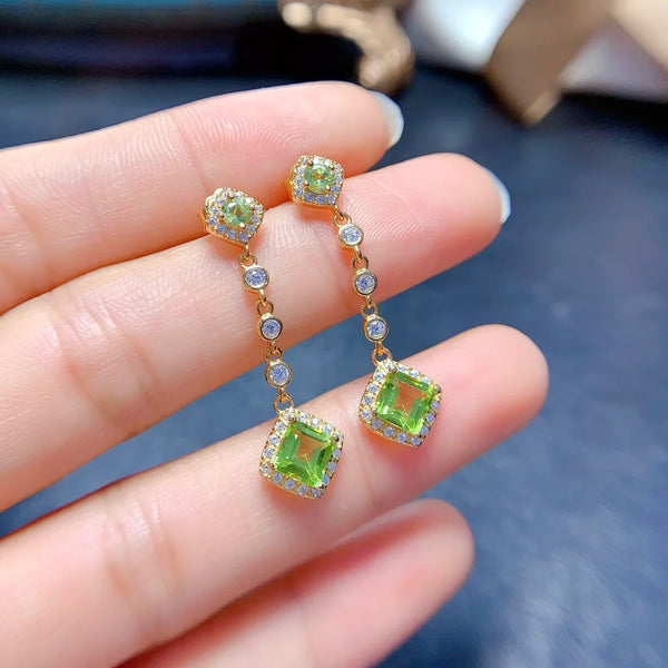 S925 Sterling Silver Natural Olivine Inlay Long Earrings for Women