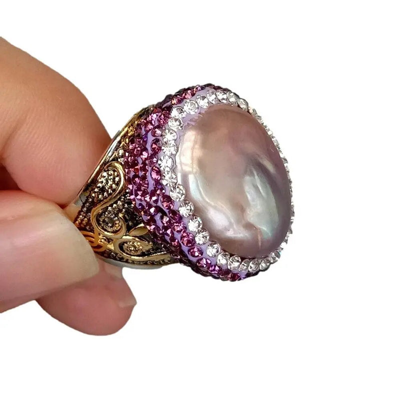 Adjustable Plated Purple Keshi Pearl and Crystal Ring for Women