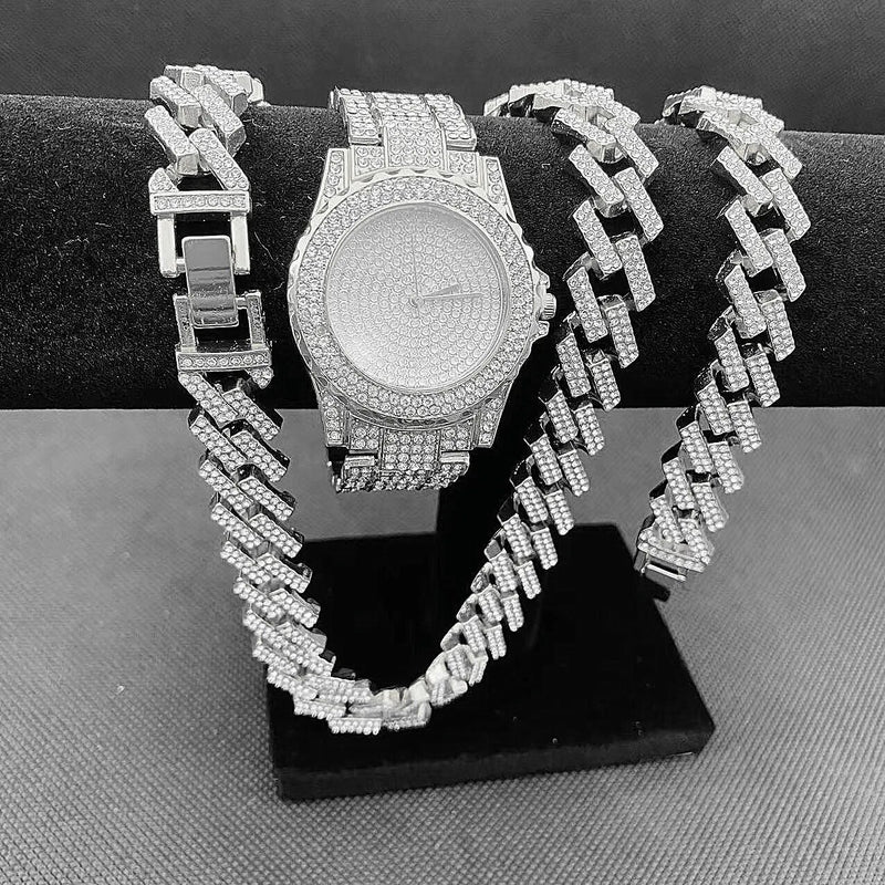 Gold Iced Out Diamond Men's Watch and Jewelry Set with Cuban Link Chain