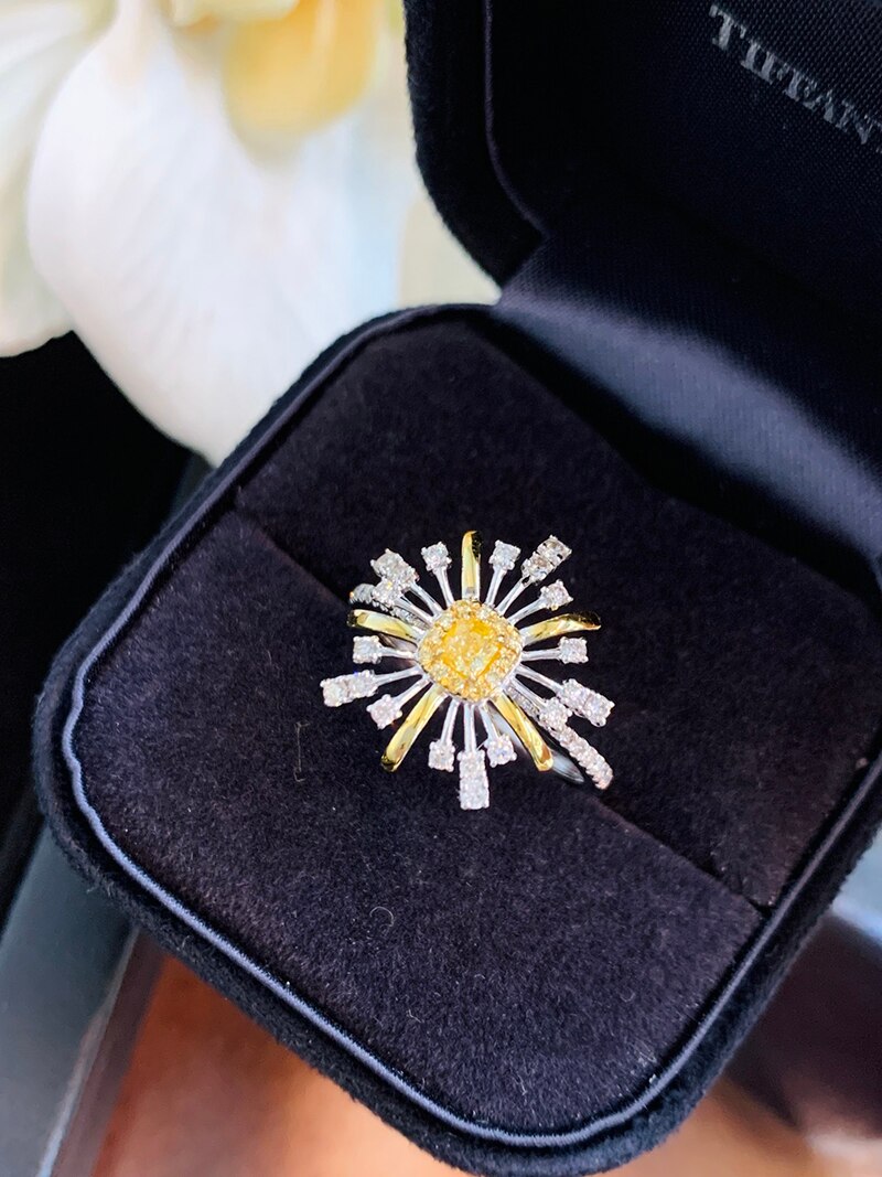 18K White Gold 1.00ct Natural Yellow Diamond Flower Shape Ring for Women