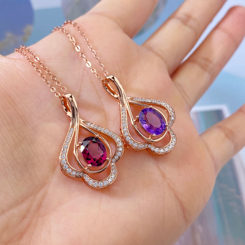 Sterling Silver Rose Gold Plated Garnet Amethyst Pyrope Pendant Necklace for Women