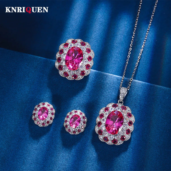 Sterling Silver Ruby Lab Diamond Necklace Pendant Rings Earrings Jewelry Set for Women