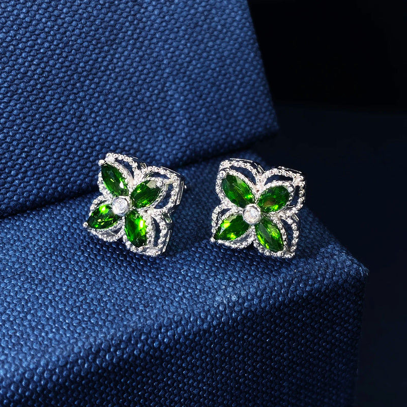 925 Silver Natural Mariquesa Diopside Stud Earrings with Four Leaf Clover Flower Design for Women