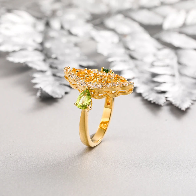 925 Sterling Silver Fan Skirt Rings with 1ctw Natural Citrine and Peridot Mixed Gems 14K Gold Plated, for Women