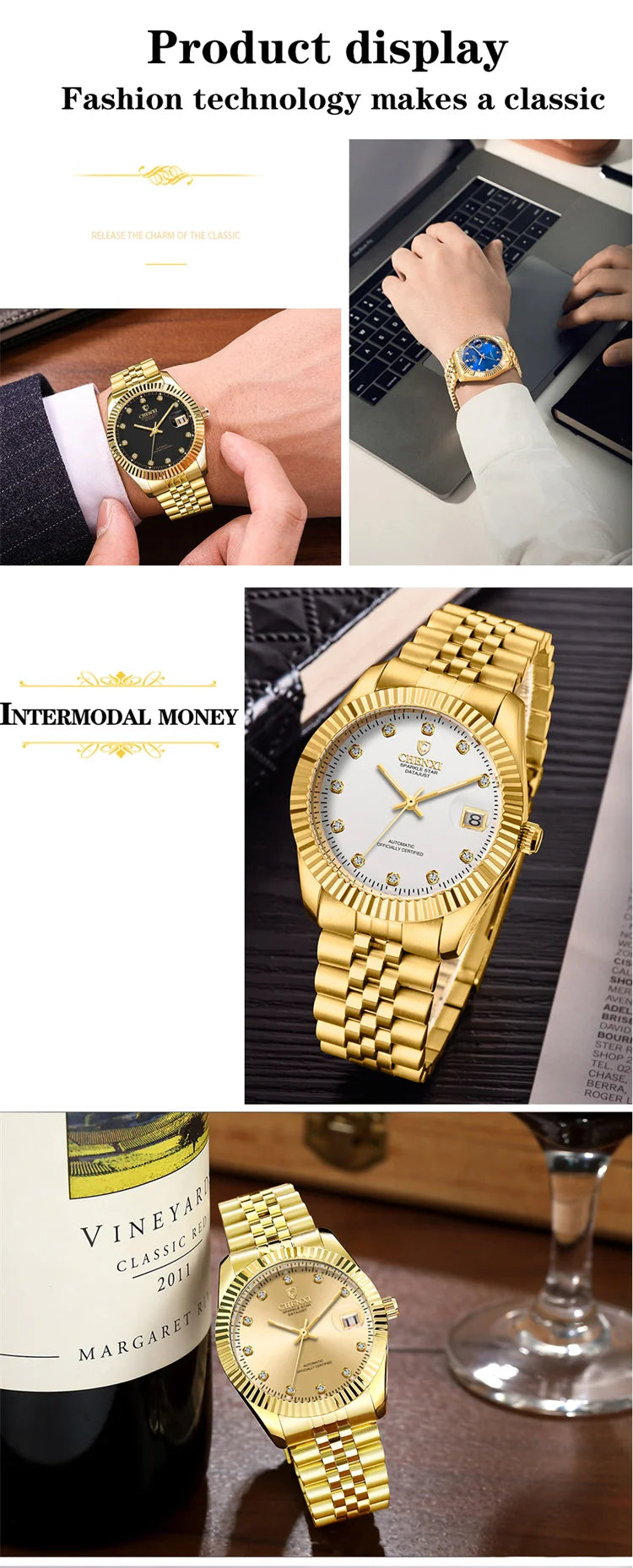 Gold Steel Band Mechanical Watch for Men