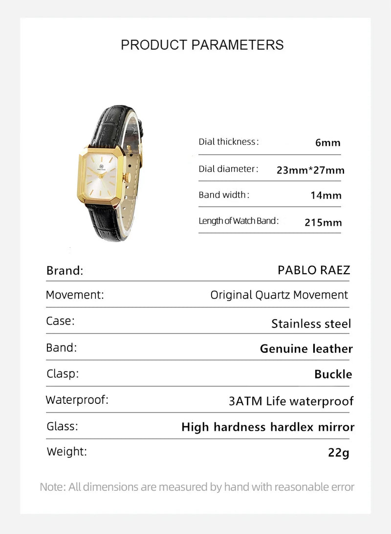 Luxury Women's Square Gold Wristwatch with Leather Band - Fashionable Quartz Clock.