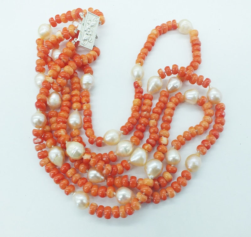 Sterling Silver Natural Orange Coral and Pearl Necklace, 18-22 Inches for Women