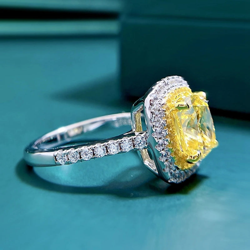 925 Sterling Silver 3CT Cushion Cut Yellow Sapphire and Moissanite Ring for Women