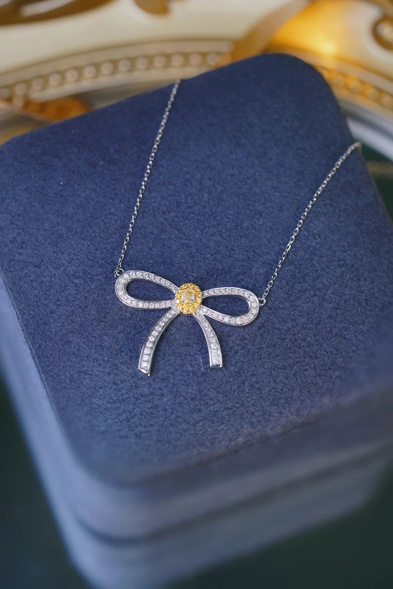 18K White Gold Yellow Diamond Bowknot Pendant Necklace for Women