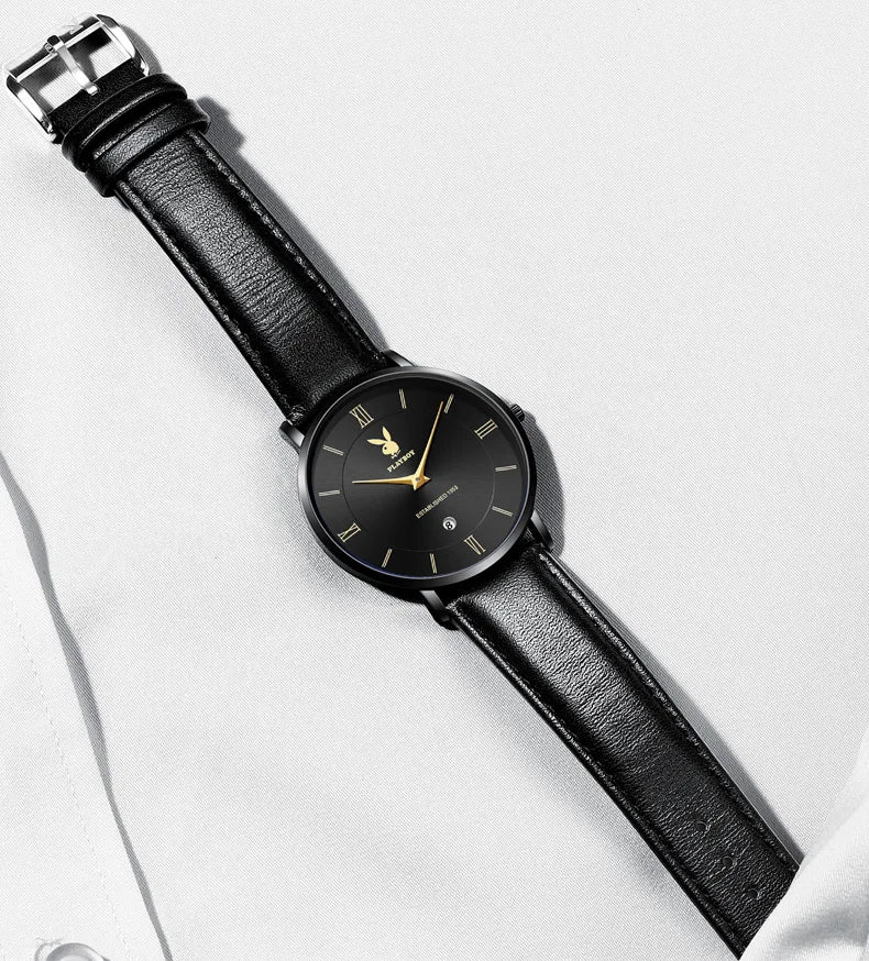 Stainless Steel Leather Strap Quartz Watch for Men