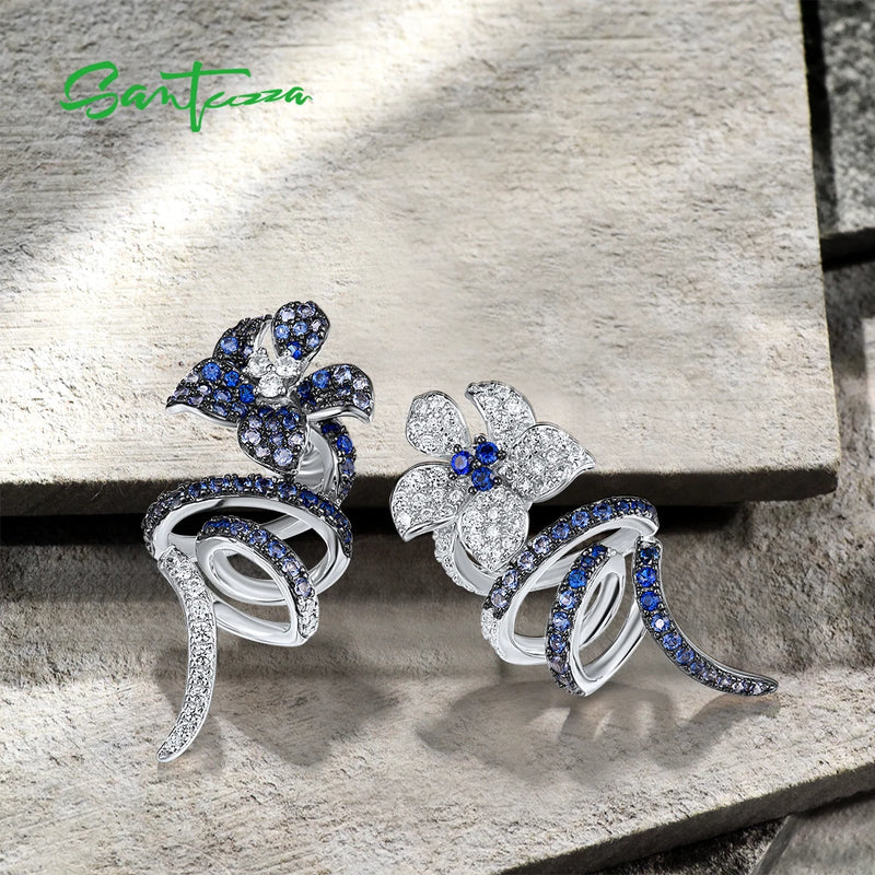 925 Sterling Silver Blue and White Stone Flower Stud Earrings for Women