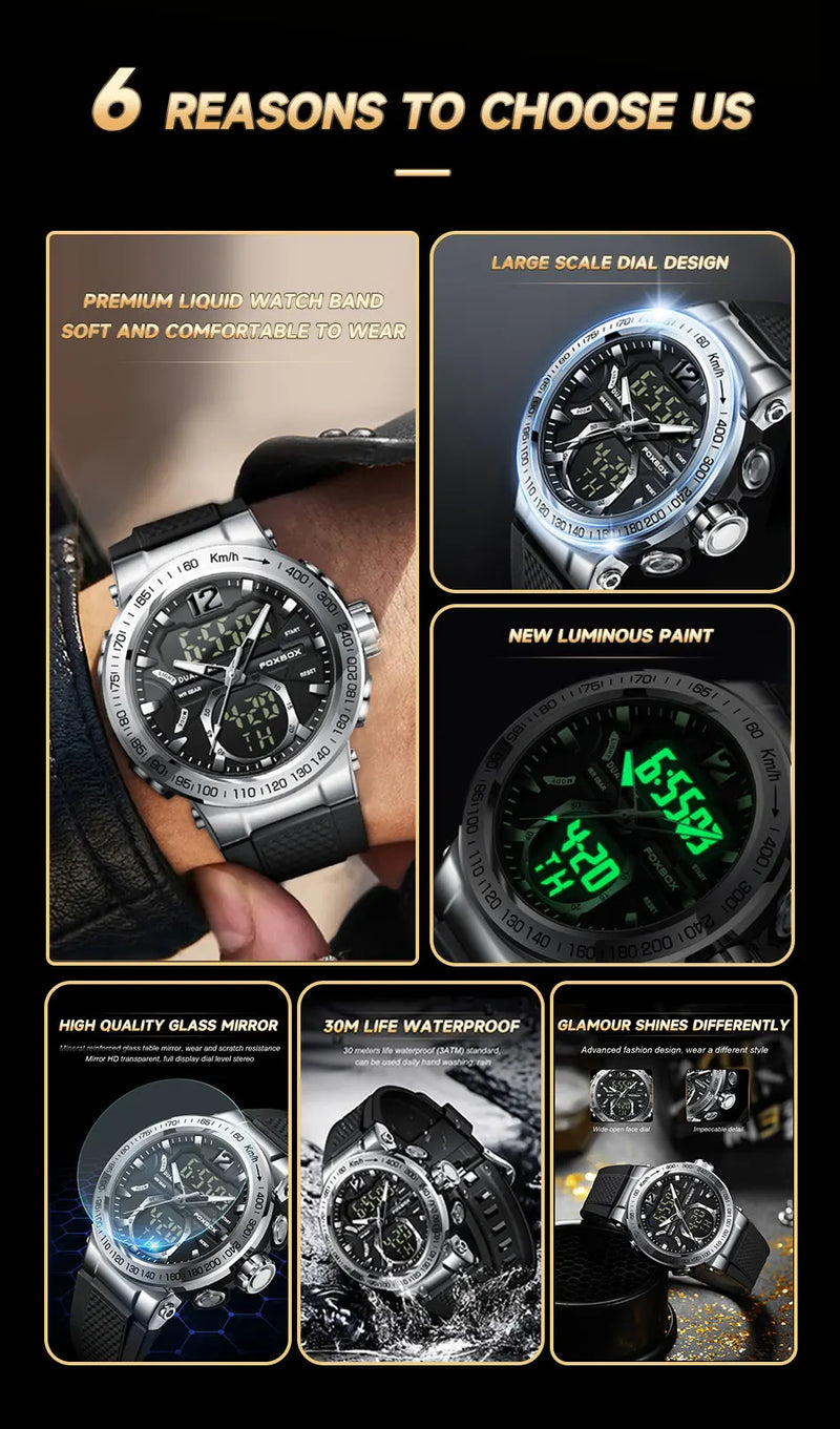 Men's Luxury Digital Analog Sport Watch with Dual Display, Original Quartz Movement, Waterproof.