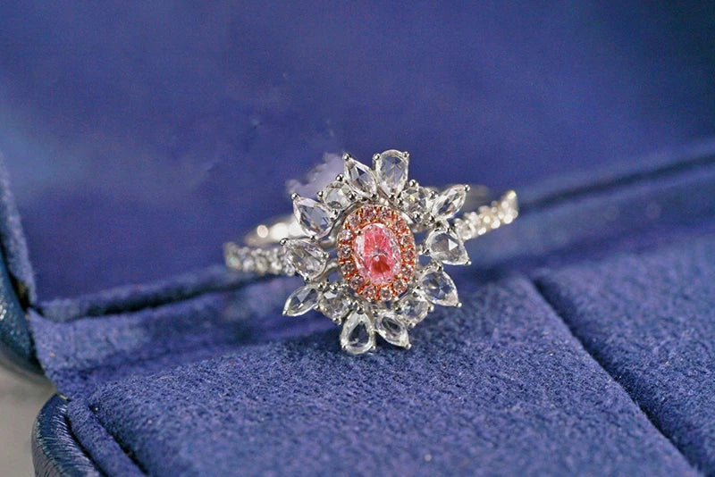 18K White Gold Pink Diamond Sunflower Ring for Women