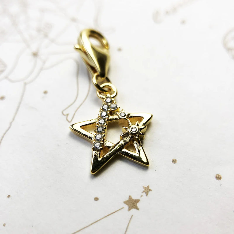 925 Sterling Silver Gold Star Dangle Charm Pendant for Women