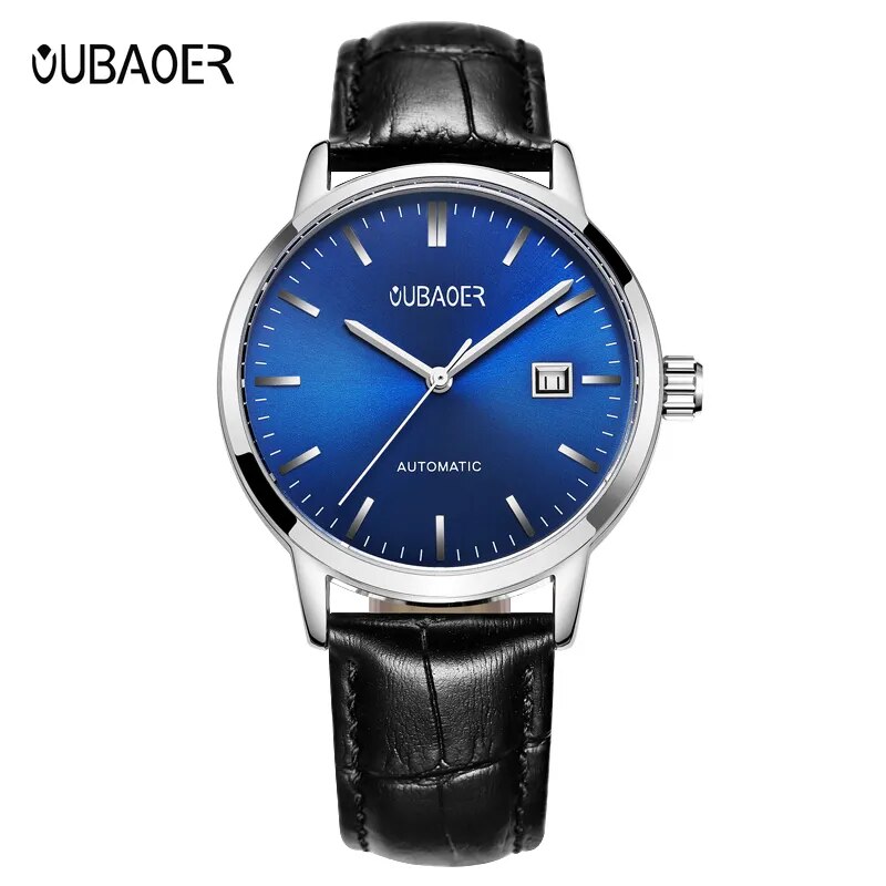 Stainless Steel Leather Strap Automatic Mechanical Wristwatch for Men