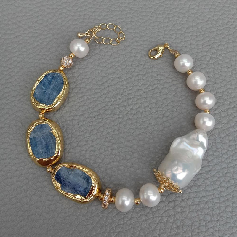 Sterling Silver Freshwater Cultured White Keshi Pearl & Blue Kyanite Bracelet for Women