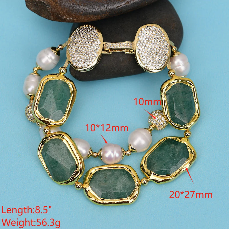 Sterling Silver Green Strawberry Quartz Bracelet 2 Rows with Gold Pear Edge Accents. for Women