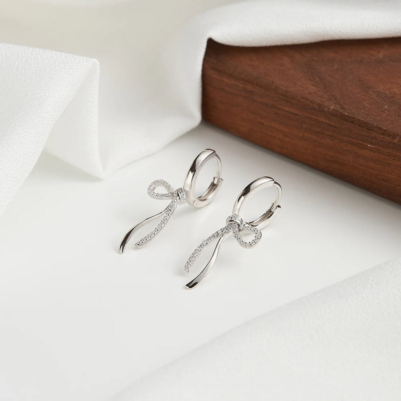 925 Sterling Silver Bow Knot Stud Earrings with Sparkling Zircon for Women