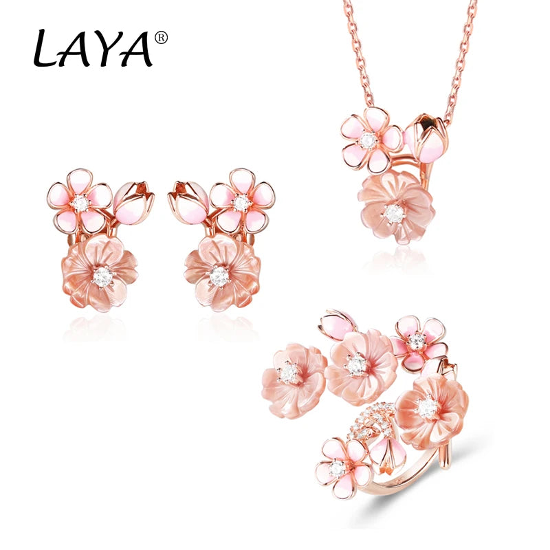 Sterlingsilver Shining Zircon White Pink Flower Green Leaf Enamel Necklace Earrings Ring Set for Women