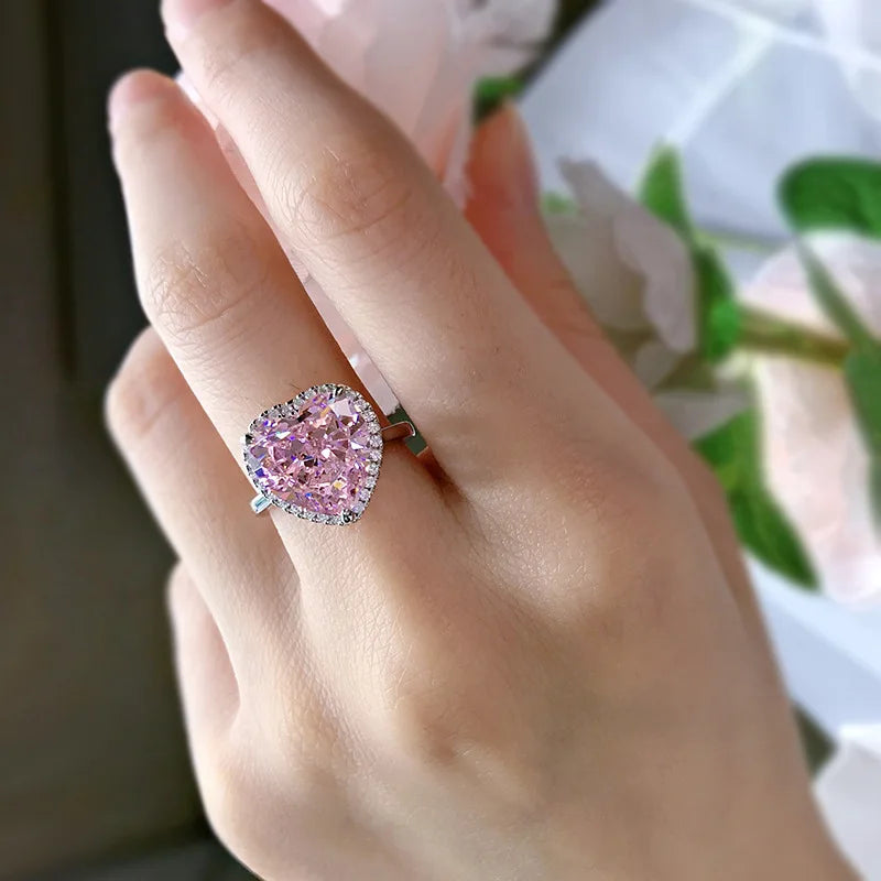 Sterling Silver Pink Diamond Love Shape Ring for Women