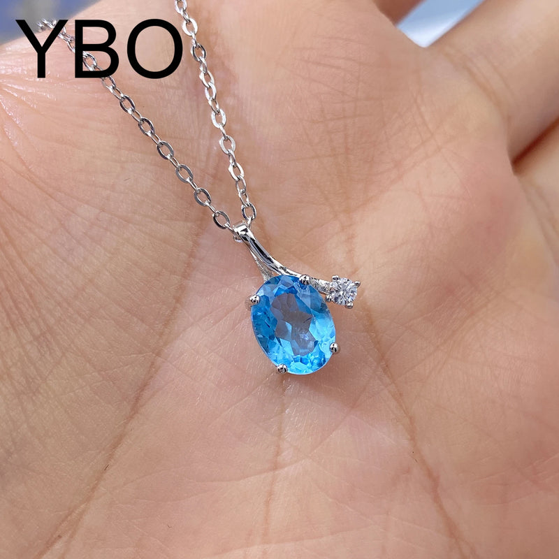 Sterling Silver 925 Natural Oval Blue Topaz Pendant Necklace for Women