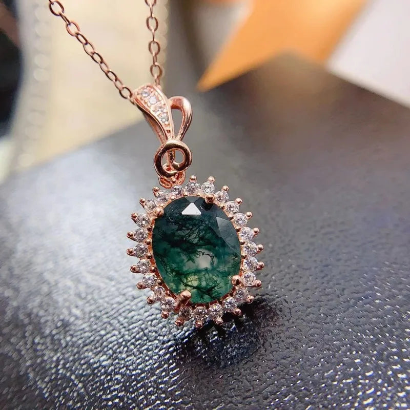 925 Sterling Silver Gold Plated Moss Agate Pendant for Women