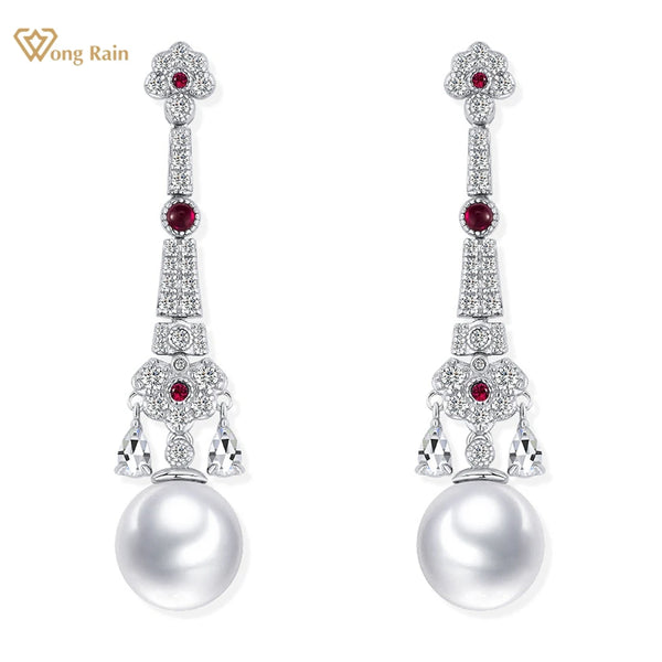 Wong Rain Elegant 925 Sterling Silver 10 MM Pearl Ruby High Carbon Diamond Gemstone Drop Earrings Fine Jewelry for Women Gifts