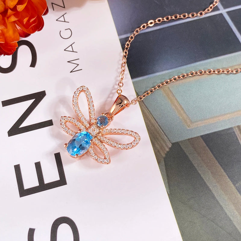 925 Sterling Silver Bee Pendant Necklace with Swiss Blue Topaz and Cubic Zircon for Women