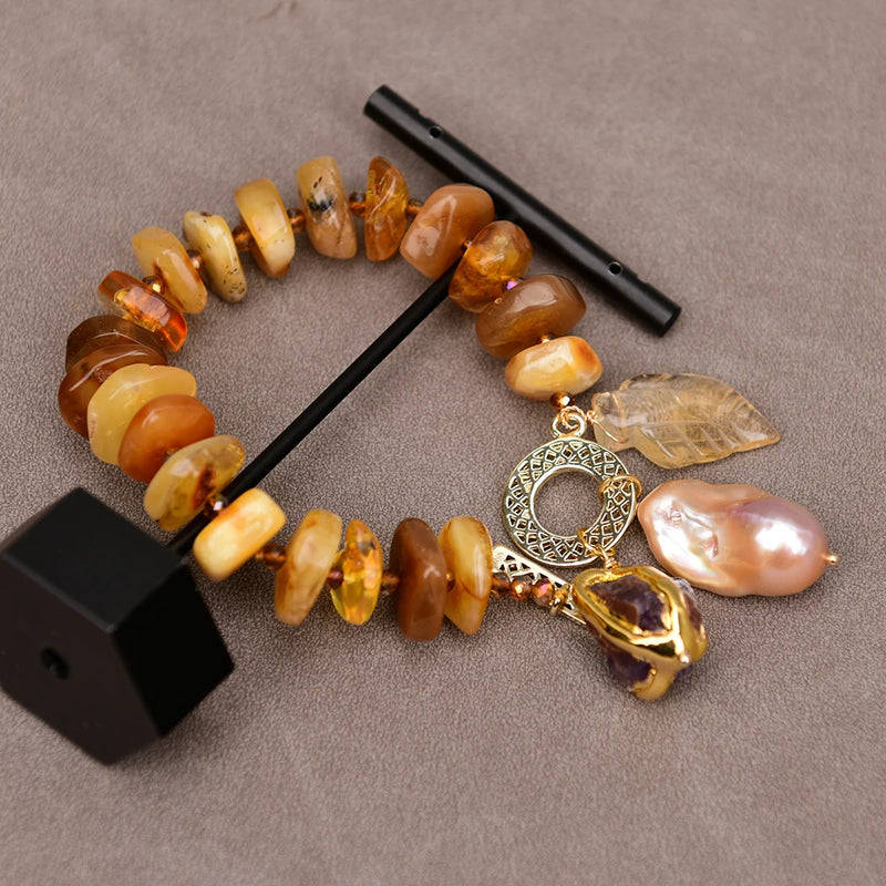 Gold 9'' Natural Mix Color Amber Slice Nugget Strand Bracelet Pink Keshi Pearl Citrine Leaf Charms for Women