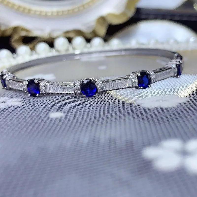 S925 Silver Natural Blue Sapphire Gemstone Bangles Bracelet for Women