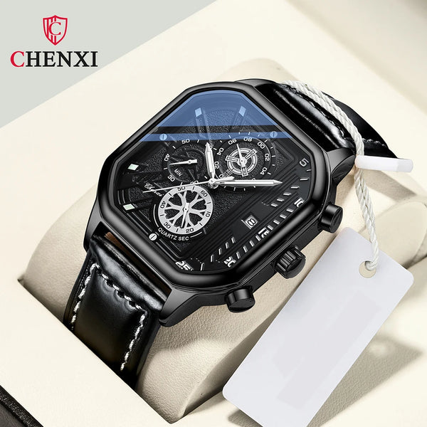 Stainless Steel Black Leather Square Dial Chronograph Quartz Wristwatch for Men