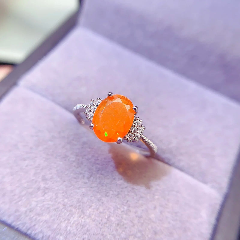 925 Sterling Silver 6mm x 8mm Orange Opal Ring with 18K Gold Plating for Women