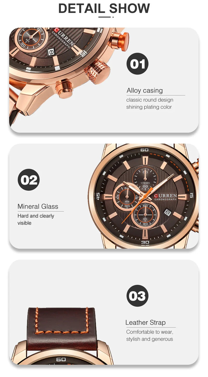 Stainless Steel Brown Leather Chronograph Watch for Men