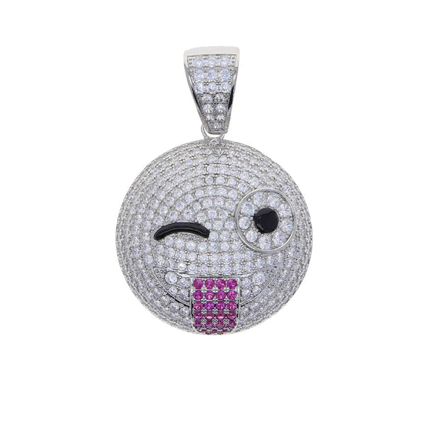 Silver Iced Out Bling Cubic Zirconia Smiling Face Pendant Necklace for Men