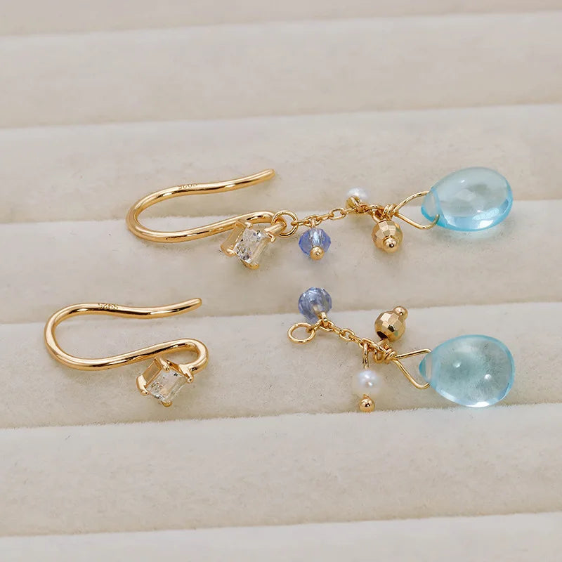 925 Sterling Silver Gold Plated Topaz and Freshwater Pearl Dangle Earrings for Women