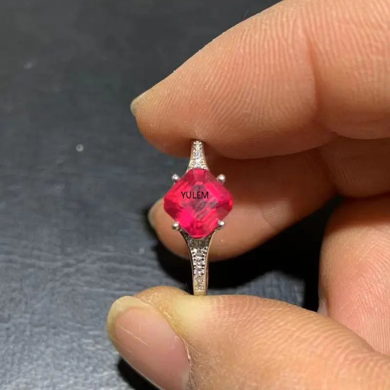 Sterling Silver Natural Ruby Ascher Cut Ring for Woman