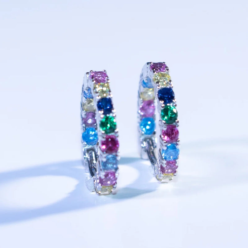 925 Sterling Silver Round Rainbow Cubic Zirconia Hoop Earrings for Women