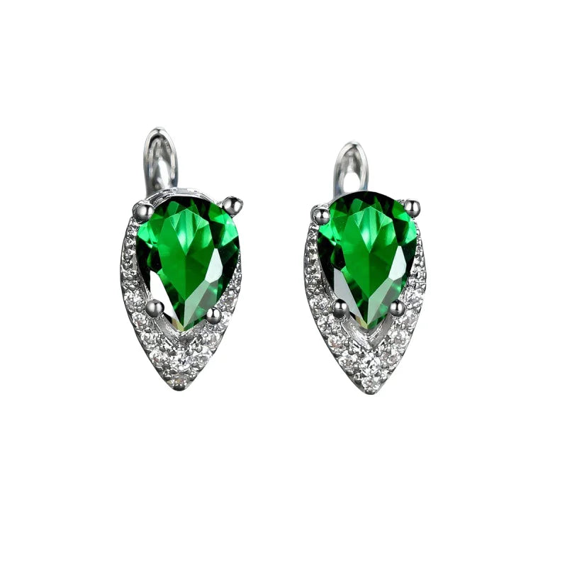 Sterling Silver Four Claw Emerald Pear Clip Earrings for Women