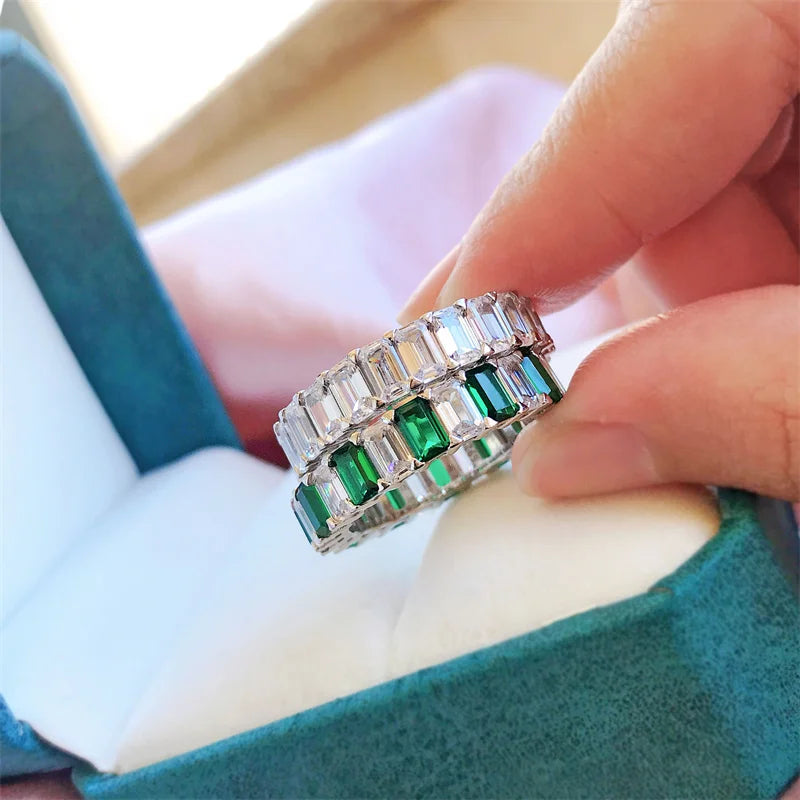 Sterling Silver Wedding & Engagement Ring with Emerald & Moissanite for Women