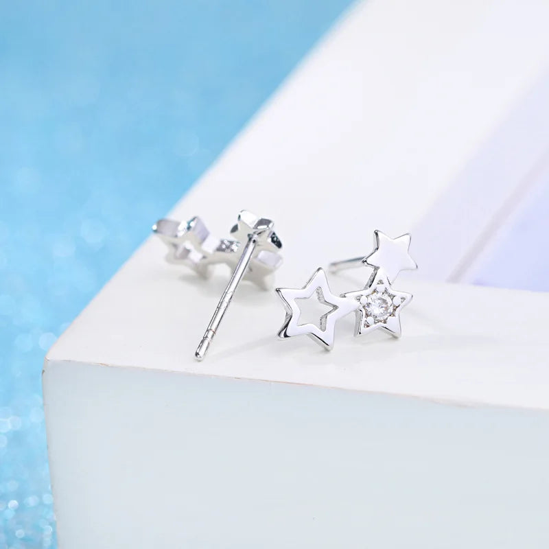 Sterling Silver Crystal Zircon Star Stud Earrings for Women